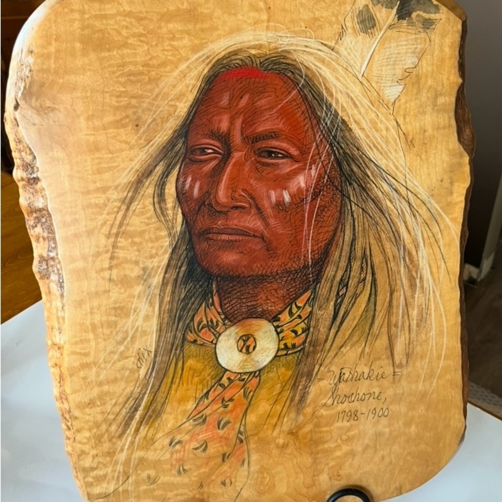 Native American mixed media portrait on Myrtle Wood plaque by Alix Mosieur